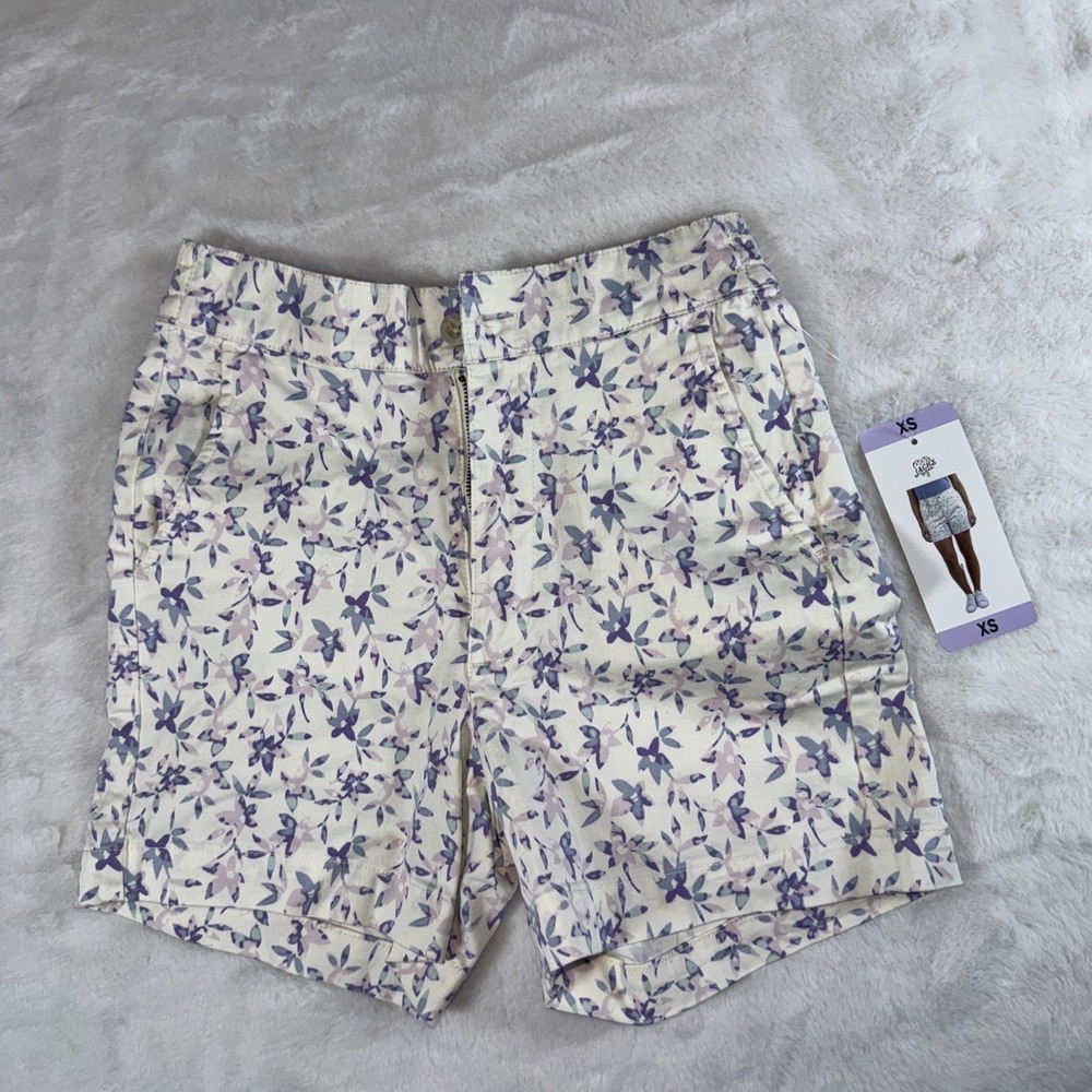 Jachs Girlfriend Womens Floral Stretch Satin Chino Shorts White Purple XS NEW